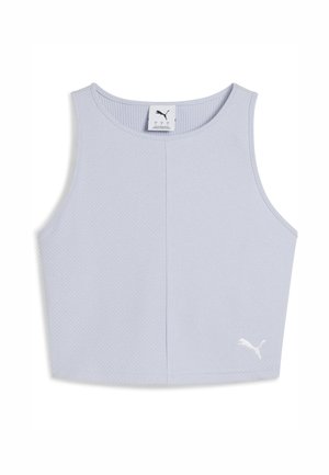 Débardeur court bleu clair avec une texture côtelée, comportant une couture centrale et un logo Puma blanc dans le coin inférieur droit.