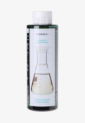 Botella cilíndrica verde de champú para la caída del cabello de Korres, 250 ml, con una etiqueta blanca y turquesa que presenta un gráfico de un matraz y texto multilingüe.