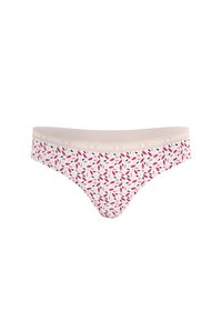 Slip en coton pour femme avec un motif de feuilles rose et blanc, doté d'une ceinture élastique beige douce portant l'inscription "ATHENA".