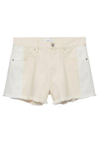 Kremowe szorty z denimu z postrzępionym brzegiem, wyposażone w dwie boczne kieszenie i kontrastowe panele po obu stronach.