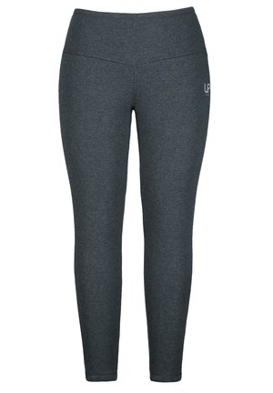 Legginsy w ciemnoszarym kolorze, wykonane z elastycznej tkaniny o gładkiej fakturze. Wysoki stan i małe logo z boku. Dopasowany krój.