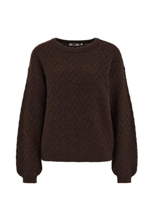 Brown sweater with a herringbone pattern, round neckline, and long sleeves. Soft texture and ribbed cuffs complete the design.