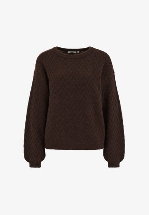 Brown sweater with a herringbone pattern, round neckline, and long sleeves. Soft texture and ribbed cuffs complete the design.