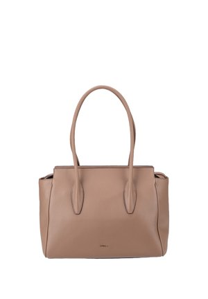 Medium brown leather handbag with two long handles and a small brand logo on the front center.