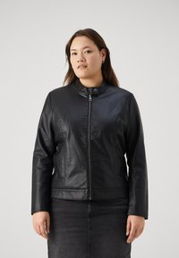 Black faux leather jacket with a collar, front zip closure, and side pockets. Fitted design with smooth texture and minimal stitching details.