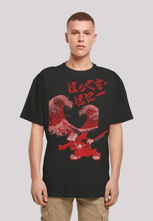 Black cotton t-shirt featuring red graphic of a character with a sword standing against stylized red waves and Japanese text above.
