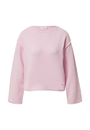 Jasnoróżowa krótka bluza wykonana z teksturowanej tkaniny, z okrągłym dekoltem i szerokimi, długimi rękawami. Minimalne logo na dole.