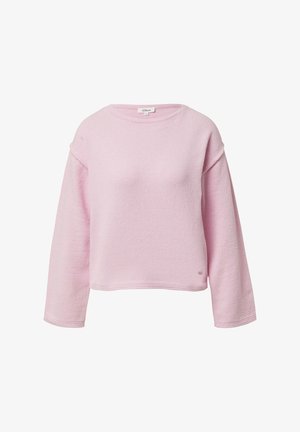 Light pink cropped sweatshirt made from textured fabric, featuring a round neckline and wide, long sleeves. Minimal branding at the hem.