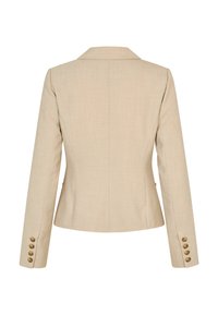 Beige skräddarsydd kavaj med långa ärmar, slagkrage och sex guldknappar vid manschetterna. Slät textur, figursydd design och inga synliga fickor.