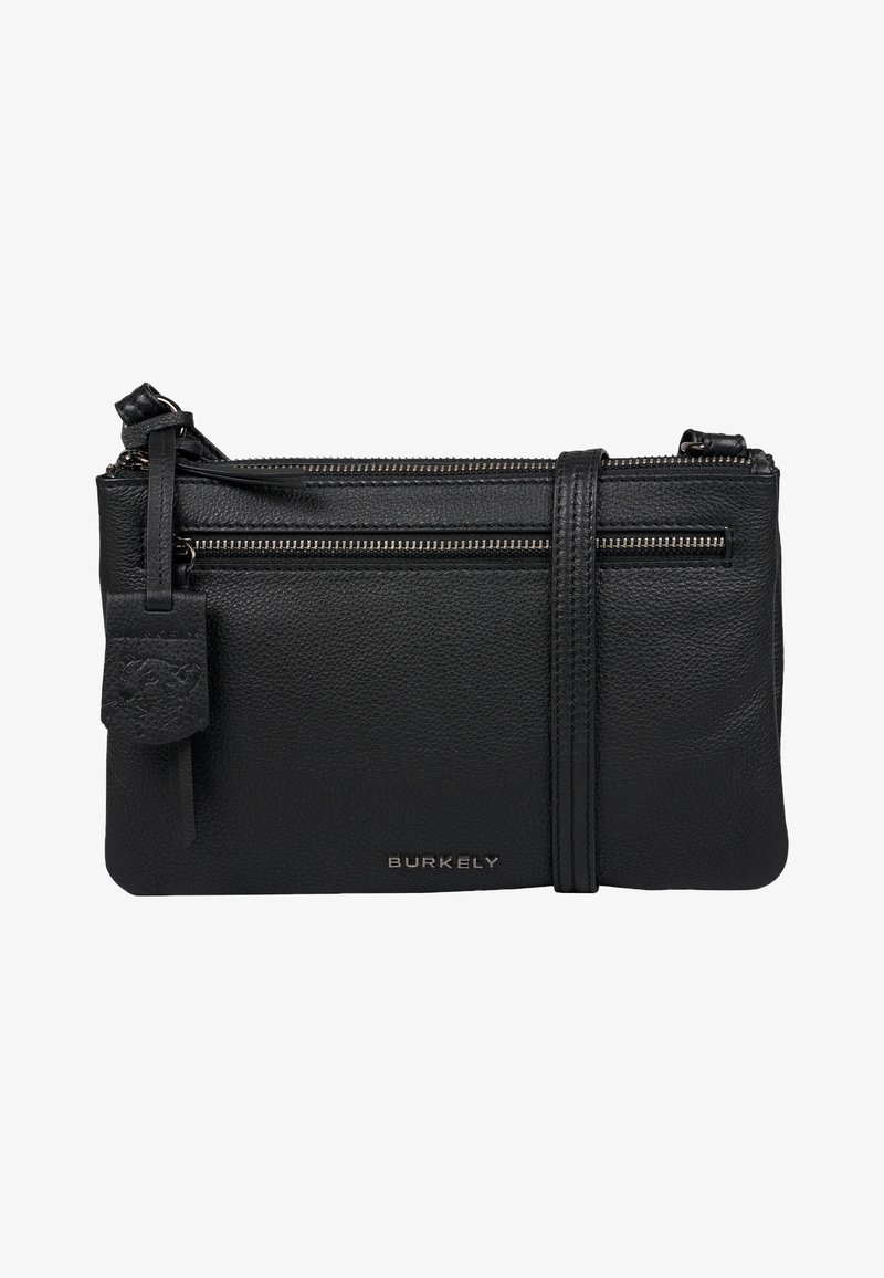 Black leather crossbody bag with textured surface, dual zipper compartments, and a detachable tag. Features branding on the front.