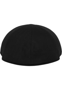 Black cap with a rounded shape, made of textured fabric featuring a herringbone pattern, with a stitched seam detail along the edge.