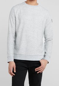 Světle šedá mikina vyrobená z měkkého, strukturovaného materiálu. Má kulatý výstřih, raglánové rukávy a žebrovaný lem. Jednoduchý design.