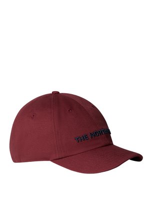 Maroon baseball cap with embroidered text "THE NORTHFACE" in navy. Features a curved brim and ventilation eyelets on the crown.