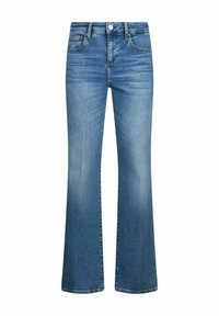 Jean flare en denim bleu avec une taille mi-haute, design à cinq poches, fermeture par bouton, et légers effets délavés sur les jambes.