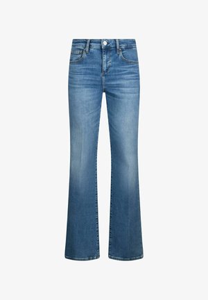 Jean flare en denim bleu avec une taille mi-haute, design à cinq poches, fermeture par bouton, et légers effets délavés sur les jambes.