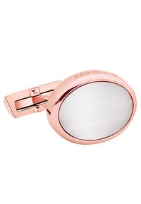 Roségoldene Manschettenknöpfe mit einer weißen ovalen Oberfläche, die eine glänzende Oberfläche und ein elegantes Design aufweisen. Die Hardware ist poliert und modern.