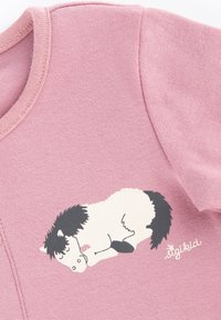 Pink cotton onesie with short sleeves, featuring a black and white sleeping horse illustration and a subtle logo in the lower right corner.