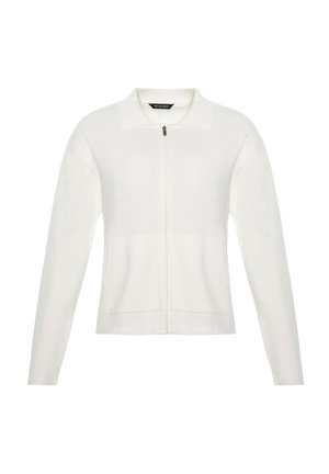 Weißer, gestrickter Langarm-Cardigan mit Frontreißverschluss und kleinem Kragen, ausgestattet mit zwei Fronttaschen.