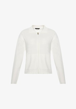 Cardigan bianco a maglia con maniche lunghe e zip frontale, dotato di un colletto piccolo e due tasche frontali.
