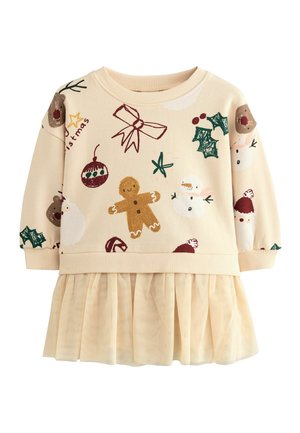 Vestido de sudadera beige claro con falda de tul, que presenta coloridos estampados temáticos navideños, incluyendo hombres de jengibre y muñecos de nieve.