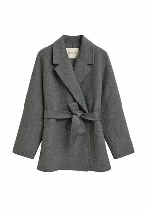 Gray wool wrap coat with a tie belt, large lapels, and long sleeves. Features a simple, clean design with no visible fastenings or embellishments.