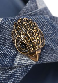 Spilla in bronzo a forma di animale con occhi neri e pietre decorative, montata su un tessuto denim blu testurizzato.