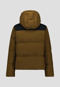 Braune Steppjacke aus strukturiertem Stoff, mit abnehmbarer Kapuze und schwarzen Schulterakzenten. Gefüttertes Design für zusätzliche Isolierung.