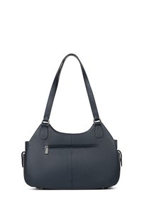 Borsa a mano in pelle blu navy con forma curvata, doppio manico e tasca frontale con cerniera. Presenta una superficie texturizzata e dettagli metallici.