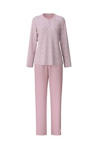 Rosa Langarm-Pyjama-Oberteil mit Rundhalsausschnitt und Blumendruck; kombiniert mit passenden einfarbigen rosa Hosen, weicher Stoff, lockere Passform.