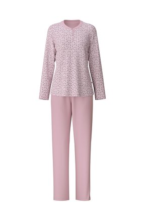 Roze lang mouwen pyjama bovenstuk met ronde halslijn en bloemenpatroon; gecombineerd met bijpassende effen roze broek, zachte stof, relaxte pasvorm.