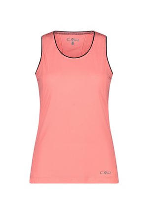 Top deportivo sin mangas de color rosa coral, con ribetes negros alrededor del escote y las sisas, sobre un fondo blanco.