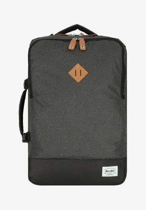 Mochila de tela gris con parte inferior negra, detalle de cuero, cierre de doble cremallera y asa superior. Presenta un diseño sencillo y una correa lateral.