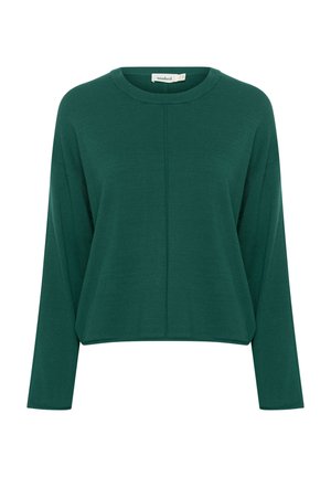 Green knitted sweater with a round neck, long sleeves, and a cropped design, featuring a smooth texture and minimal seams.
