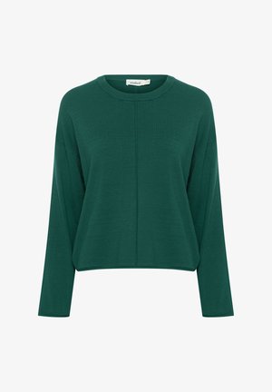 Žalias megztinis su apvaliu iškirpimu, ilgomis rankovėmis ir trumpu dizainu, pasižymintis lygia tekstūra ir minimaliais siūlais.