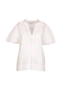 Weiße kurzärmelige Bluse aus leichtem Gewebe, mit V-Ausschnitt und puffartigen Ärmeln mit gerafften Details. Glatte Textur.
