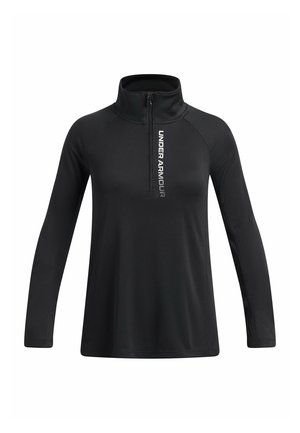 Sort atletisk top med lange ærmer, kvart lynlås og teksten "UNDER ARMOUR" lodret langs lynlåsen foran i midten.
