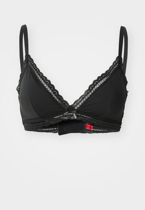 Bralette noir avec dentelle, bonnets triangulaires, bretelles réglables et fermeture par crochet. Présente une petite étiquette rouge à l'arrière.