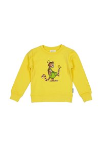 Gul bomullströja med en tecknad kattillustration, lång ärm, rund halsringning och ribbad nederkant.