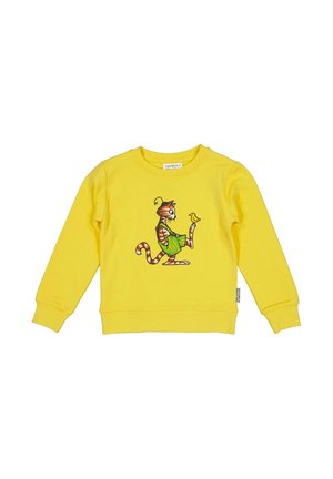Gul bomulds sweatshirt med en tegneseriekat-illustration, lange ærmer, rund halsudskæring og ribbet kant.