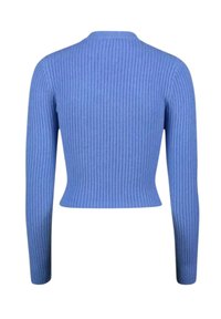 Maglione corto a maniche lunghe in cotone a costine blu chiaro. Presenta un collo rotondo con texture liscia e una silhouette aderente.
