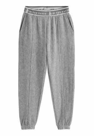 Graue ribbelige Hose mit elastischem Bund mit dem Etikett "b by Ted Baker". Sie hat Seitentaschen und eng anliegende Bündchen an den Knöcheln.