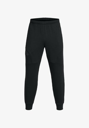 Pantaloni sportivi neri con un design testurizzato, vita elastica e polsini aderenti; tasche laterali con accenti in tessuto liscio a contrasto.