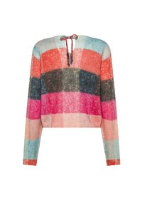 Maglione a maniche lunghe in maglia con ampie righe orizzontali in rosso, rosa, nero e blu, caratterizzato da un neckline a chiave annodato sul retro.