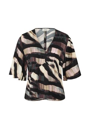 V-halsblouse met korte, brede mouwen, voorzien van abstracte gestreepte patronen in zwart, beige, mauve en grijstinten.