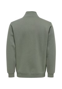 Sweatshirt vert olive à manches longues, poignets côtelés et col montant, vue de dos sur fond blanc.