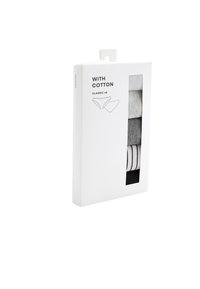 Lot de cinq sous-vêtements classiques en coton blanc, gris, rayé et noir, visibles à travers une fenêtre rectangulaire sur la boîte.