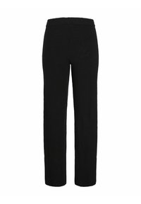 Zwarte, wijde broek van een zacht, textuurmateriaal. Heeft een flexibele tailleband en een minimalistisch design, geschikt voor casual wear.