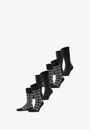 Set von Socken mit einfarbigem Schwarz sowie gemusterten Designs in Dunkelblau und Beige. Strukturierte, gerippte Bündchen; verschiedene Längen und Stile.