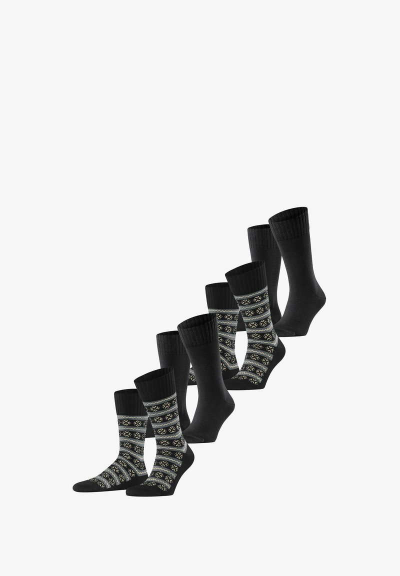 Set sokken met effen zwart en patroonontwerpen in donkerblauw en beige. Gestructureerde geribbelde boorden; verschillende lengtes en stijlen.