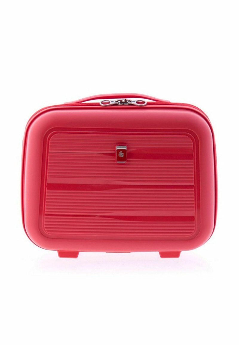 Red hard-shell cosmetic case with horizontal ridges, silver zipper, and top carry handle on a white background.